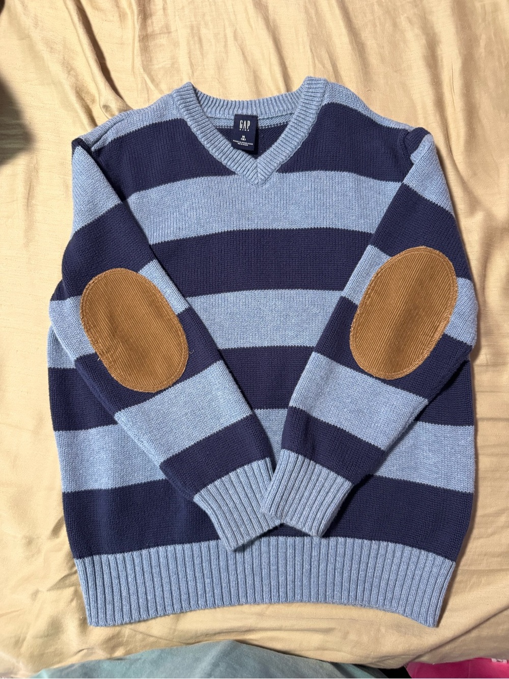 GAP Navy and Light Blue Striped V-Neck Sweater with Tan Elbow Patches
